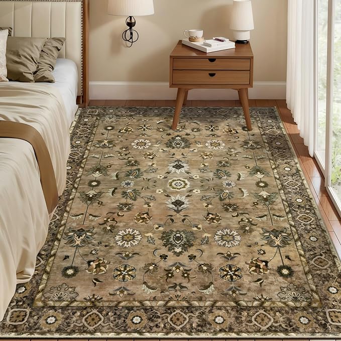Tangsoo 3x5 Rug Floral Rug for Bedroom, Washable Vintage Rugs Indoor, Non Slip Accent Rug, Print Distressed Brown Carpet, Soft Low Pile Area Rug for Living Room Dorm Bedroom Bedside Entryway