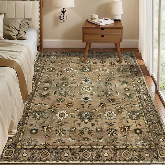 Tangsoo 3x5 Rug Floral Rug for Bedroom, Washable Vintage Rugs Indoor, Non Slip Accent Rug, Print Distressed Brown Carpet, Soft Low Pile Area Rug for Living Room Dorm Bedroom Bedside Entryway