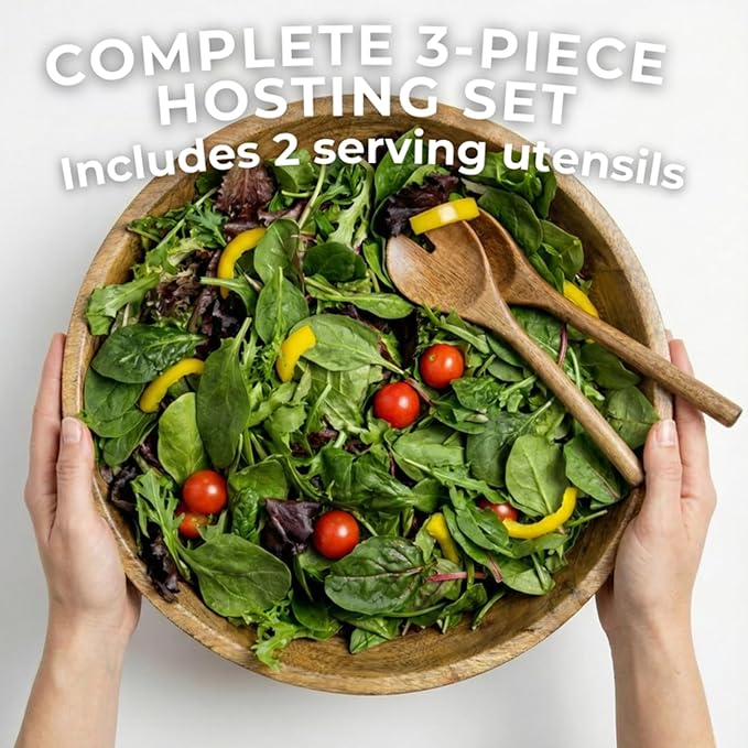 Extra Large Wooden Salad Bowl 15" with Serving Utensils | Oversized Mango Wood Salad Bowl for Big Family Meals | Large Wood Serving Bowl for Salad, Pasta, Popcorn | Handcrafted Wooden Salad Set