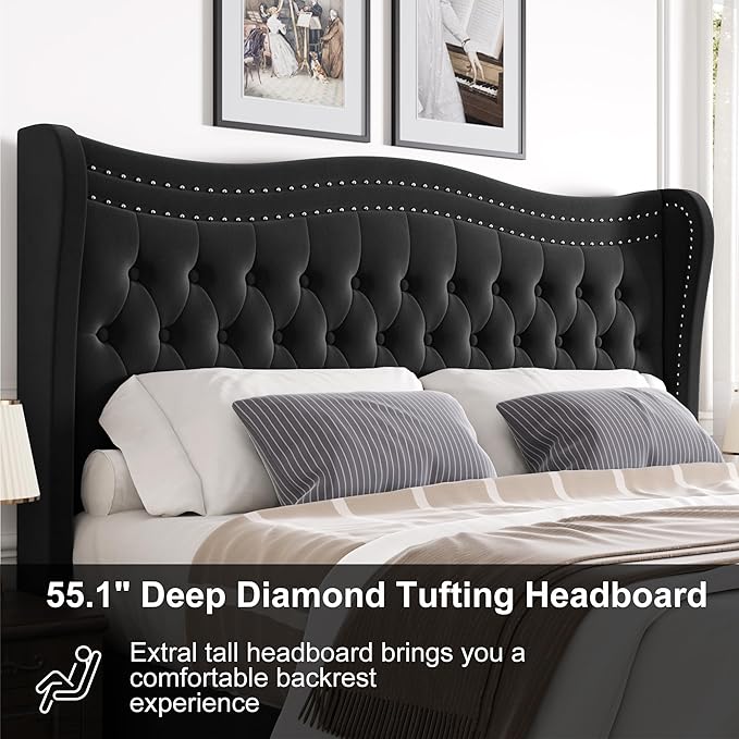 Queen Bed Frame with Tall Headboard & Footboard, Velvet Upholstered Platform Bed Frame with Deep Button Tufted Wingback, No Box Spring Needed, Noise Free, Black