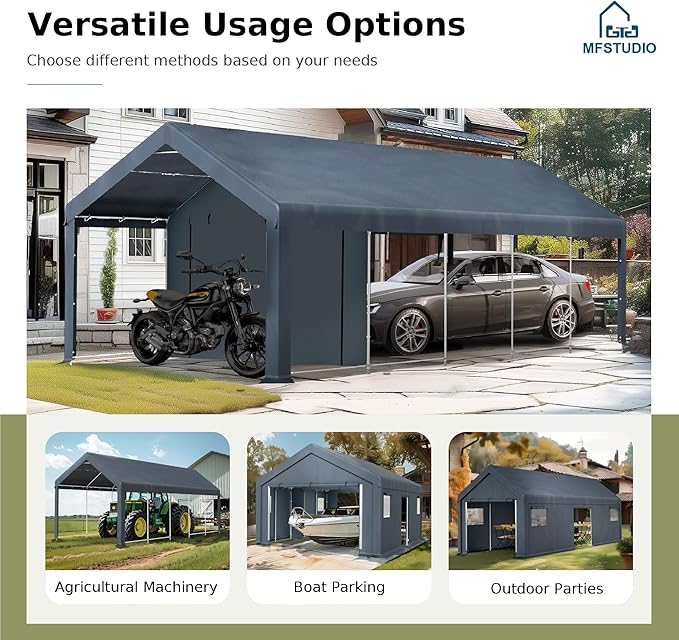 MFSTUDIO Outdoor Carport 13x24 ft, Portable Storage Sheds Shelter Garages Heavy Duty Canopy with Rolled up Zipper Doors and Sidewalls, Outside Utility Shed Garage Car Tent for Boat Truck and Tools