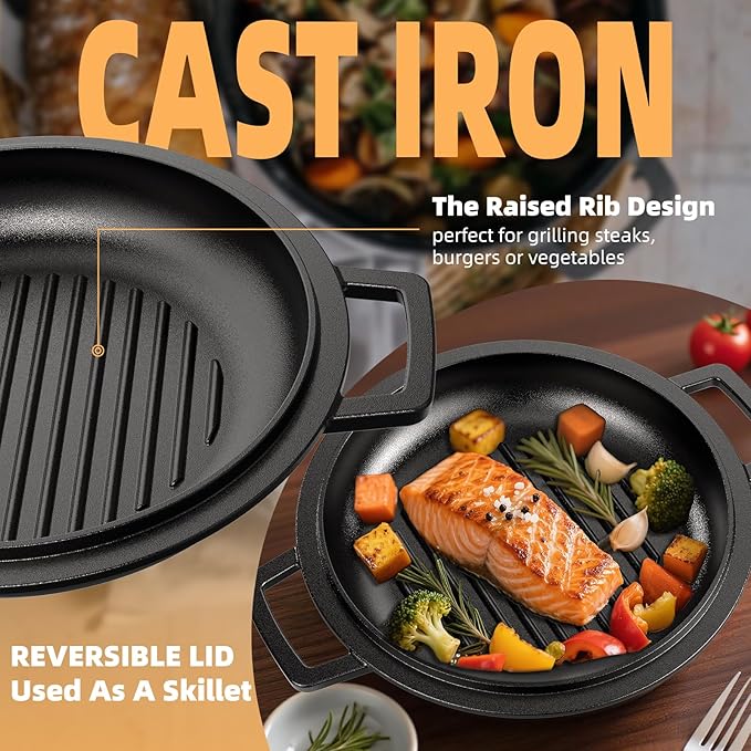 2-in-1 Pre-Seasoned Cast Iron Double Dutch Oven Pot with Skillet Lid & Silicone Sleeves – Raised Rib Skillet Lid– Umite Chef 7QT Cast Iron Skillet Cookware Pan Set wirh Dual Handles – Oven, Grill, Campfire & Stovetop Safe –PFAS-Free
