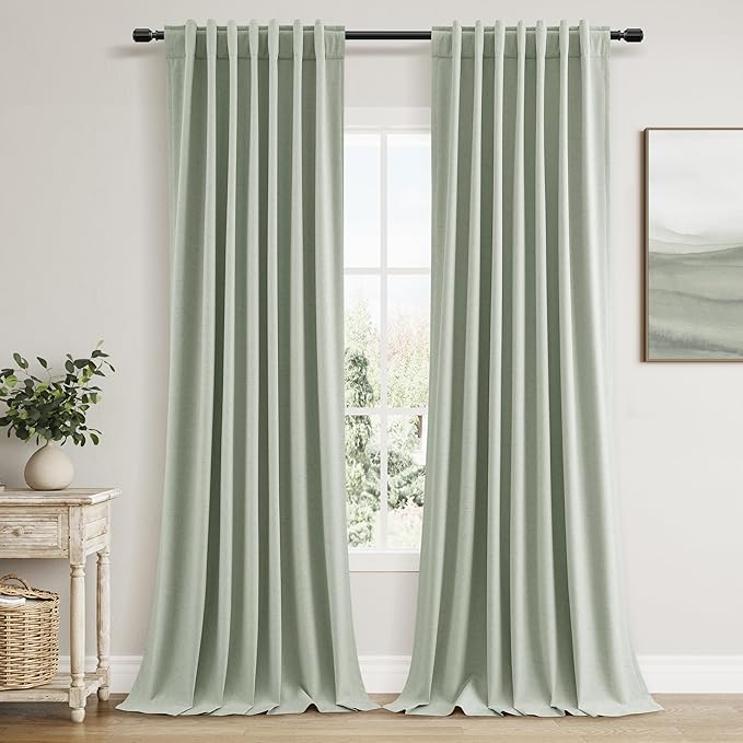 Guken Blackout Curtains 120 Inch Length 2 Panels Set for Living Room Bedroom Back Tab Thermal Insulated 100% Black Out Linen Drapes Room Darkening Window Curtains 120 Inches Long,Mist Sage