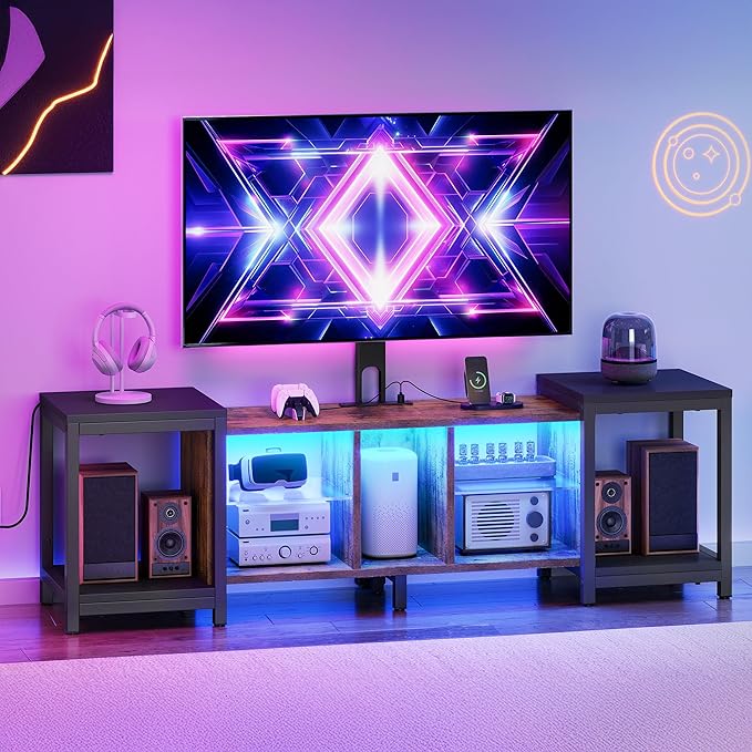 YITAHOME TV Stand with Mount for Living Room, TV Stand for 70inch TV with Power Outlet & LED Lights, LED Entertainment Center, Gaming TV Console Cabinet, Rustic Brown & Black