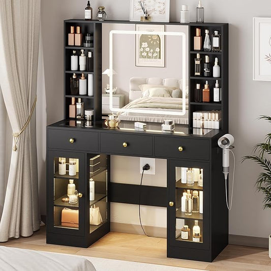 Black Vanity Desk with Mirror and Lights, Glass Top Vanity with Lighted Mirror & RGB Cabinet and 3 Drawers, Dressing Table with 8 Shelves, Makeup Desk with Lights for Girls Bedroom, 3 Color Modes