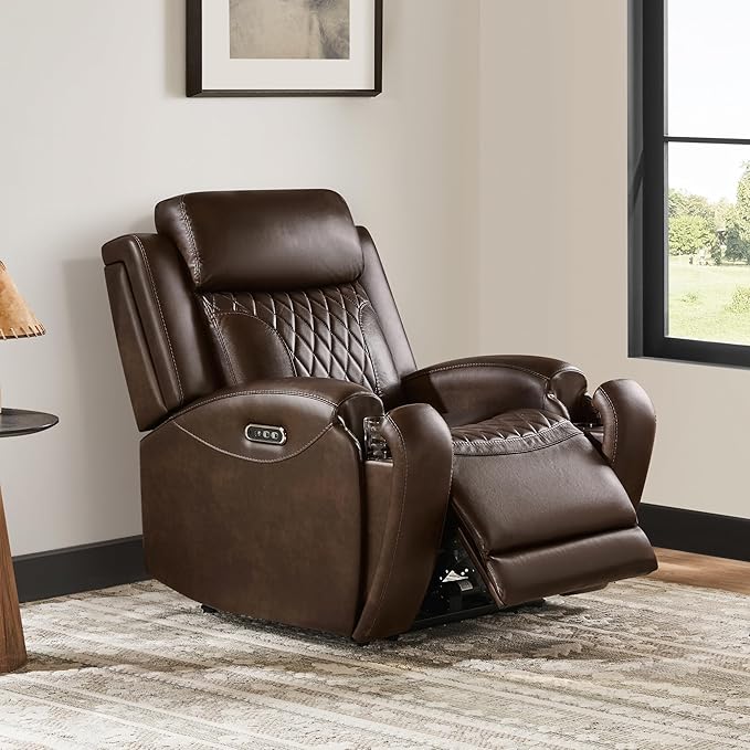 CHITA Genuine Leather Recliner Chair for Adults with Adjustable Power Headrest, Lay Flat Power Recliner with Slide-Out Cupholders & USB/Type-C Ports, Living Room Chair, Brown