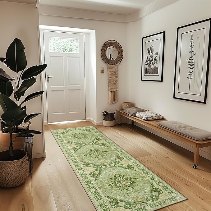 Area Rugs 2'x8' Washable Non-Slip, Floral Vintage Distress Print Pattern Medallion Carpet for Living Room Bedroom Dining Room, Sage Green Yellow