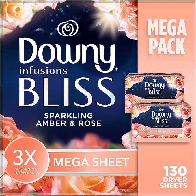 Downy Infusions Mega Dryer Sheets, Laundry Fabric Softener, BLISS, Amber and Rose, 130 Count