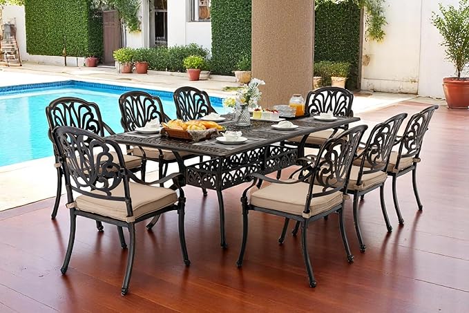 9-Piece Cast Aluminum Outdoor Dining Set Retro Patio Dining Set for 8 Includes 86.6’’ Rectangular Table and 8 Chairs with Removable Cushion and Umbrella Hole for Patio Deck Garden Porch