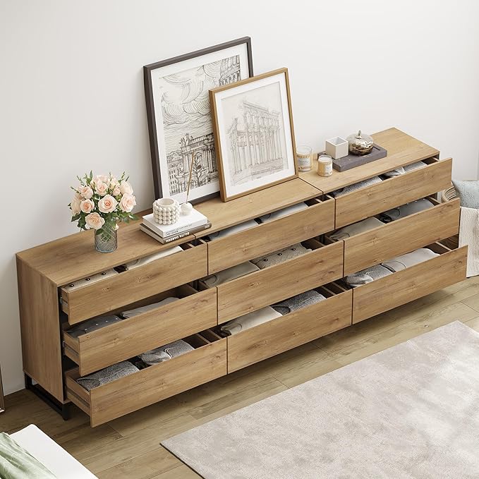 WAMPAT Dresser for Bedroom, Closet Organizers and Storage with 9 Drawers, Chest of Drawers with Metal Base, Wooden Modern Dresser for Living Room, Bedroom, Entryway, Oak