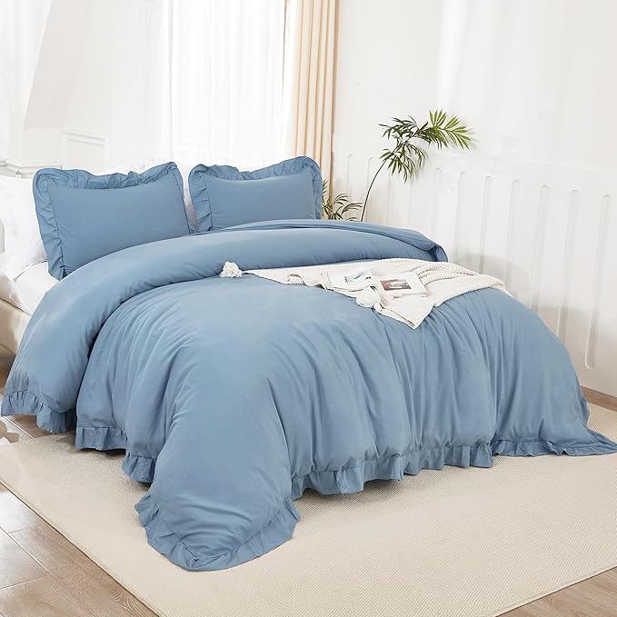 Litanika Grayish Blue King Size Comforter Set, 3 Pieces Ruffle Farmhouse Aesthetic Bedding Comforter Set, All Season Soft Lightweight Fluffy Microfiber Bed Set(104x90In Comforter, 2 Pillowcases)