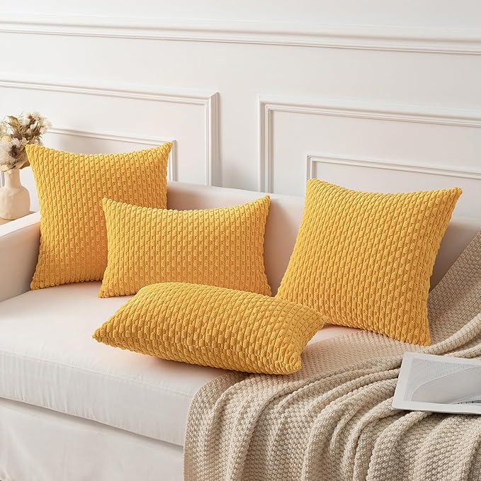 Kevin Textile Pack of 2 Velvet Pillow Covers Striped Throw Cushion Case Set Accent Corduroy Lumbar Pillowcases with Hidden Zipper for Home Decor Indoor Outdoor (12x20 Inch Yellow)