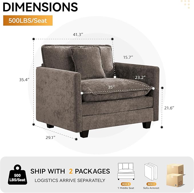 41'' Modern Chenille Oversized Chair, Upholstered Accent Living Room Chair with Extra Thicked Deep Seat, Single Lounge Chair for Bedroom, Small Apartment, Brown