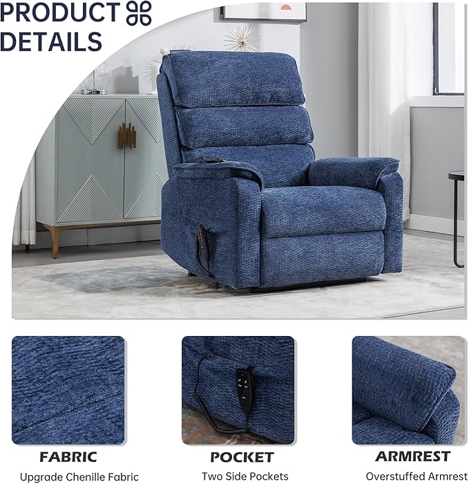 Electric Lift Chair with Heat and Massage, Dual Motor Recliner Lift Chair with Infinite Position, 72.4in Long Big and Tall Recliner, Blue Extra Wide Recliner, Chenille Fabric