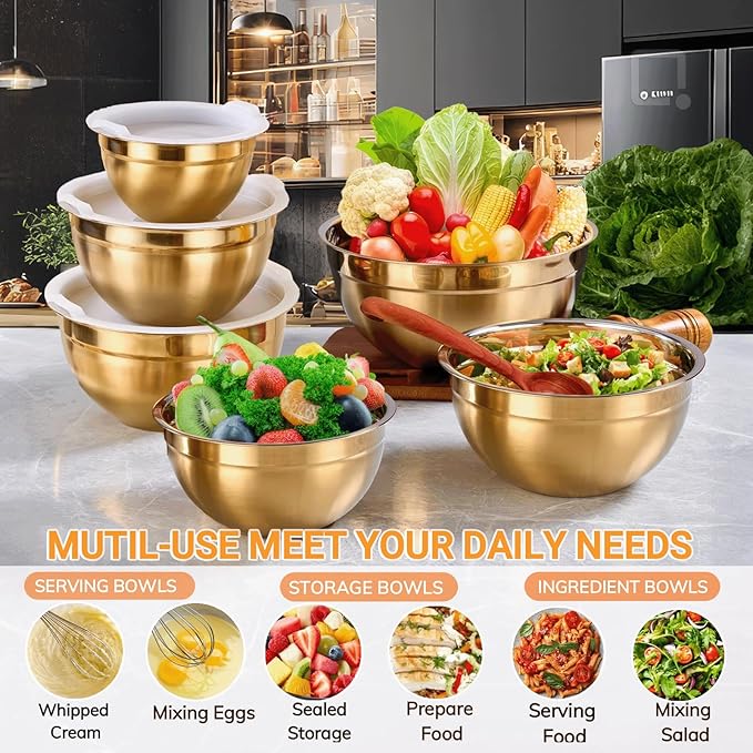 7 Pack Gold Mixing Bowls Set with 5 PCS Kitchen Accessories, Stainless Steel Nesting Mixing Bowls with Airtight Lids, Baking, Prepping and Serving Food, Stackable Size 7,3.6,2.7,2.1,1.5,1.1,0.8QT