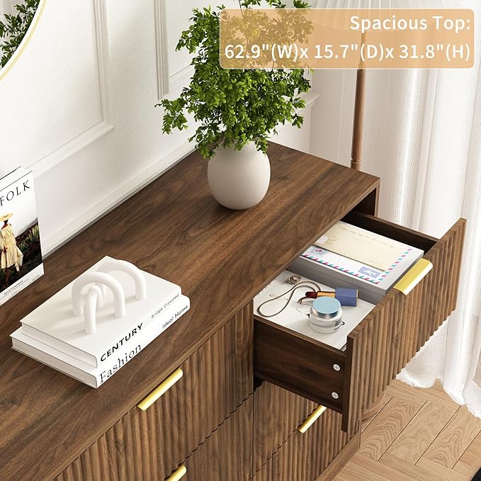 9 Drawer Dresser for Bedroom with Deep Drawers, 63" Wide Wood Dresser, Large Floor Chest of Drawers, Modern Long TV Stand, Mid Century Storage Cabinet Side Table, Natural