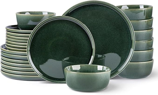 GBHOME Ceramic Dinnerware Sets for 8, 24 Pieces Stoneware Plates and Bowls Sets, Reactive Glaze Dishes -Scratch Resistant, Dishwasher&Microwave Safe, Earth Green