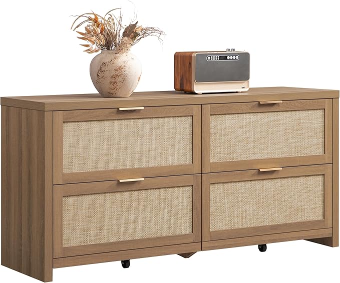 SICOTAS 60.8" Dresser for Bedroom, Rattan Boho Dresser with 4 Deep Drawers, Large Chest of Drawers for Closet,Nursery,Dressers TV Stand for Bedroom (Reclaimed Caramel Oak, 4 Drawers (1 pc))