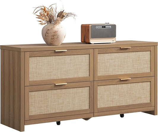SICOTAS 60.8" Dresser for Bedroom, Rattan Boho Dresser with 4 Deep Drawers, Large Chest of Drawers for Closet,Nursery,Dressers TV Stand for Bedroom (Reclaimed Caramel Oak, 4 Drawers (1 pc))