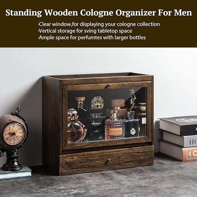 Cologne Organizer for Men, Solid Wood Perfumes Organizer for Men Dresser, Large Capacity Dustproof Cologne Holder with Drawer Storage Perfume Stand Organizer, Ideal Gift for Loved ones