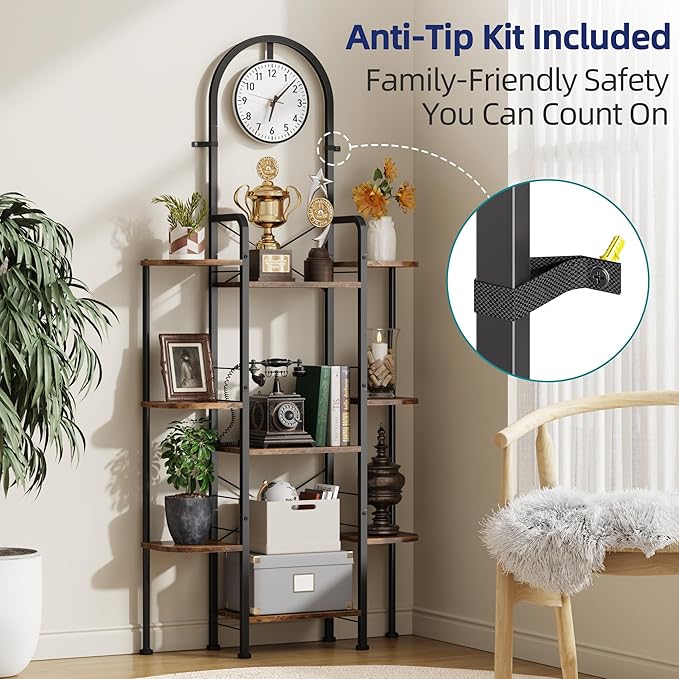 Bookshelf with Wall Clock, Triple Bookcase with Open Display Shelves, Industrial Style Book Shelves, Modern Display Shelf for Living Room, Bedroom, Home Office, Rustic Brown