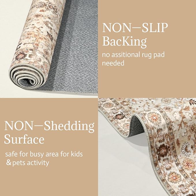 2'x6' Washable Runner Rug Utral Soft Lightweight Vintage Boho Distressed Non-Slip Backing,Low Pile Stain Resistant Farmhouse Rug for High-Traffic Hallway, Kitchen & Laundry