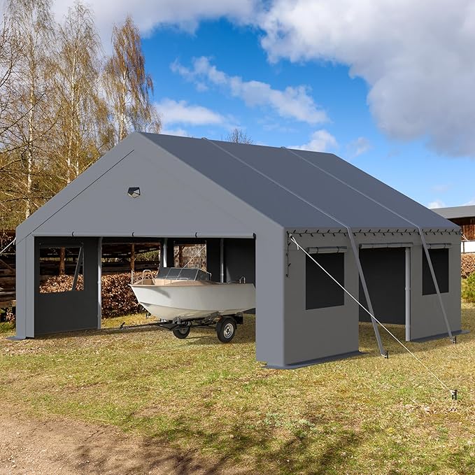 20x20 Carport Canopy, Heavy Duty Car Ports with Sidewalls, Portable Garage Carports with Roll Up Zipper End & Side Doors, Grey