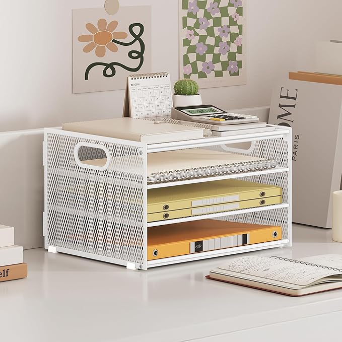 Subekyu Paper Letter Tray Organizer for Desk, White Metal Mesh Desk File Sorter Organizer with Handle and 2 Sliding Trays for Home Office School Supplies Organization