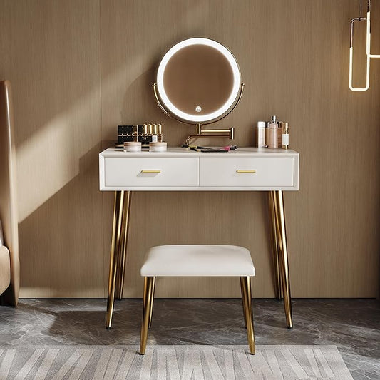 Vanity Desk with Adjustable Mirror and Lights, Makeup Desk with Drawers and Chair, Dressing Table Set with Leather Surface, Small Vanity Table for Bedroom, 3 Lighting Modes (Beige)