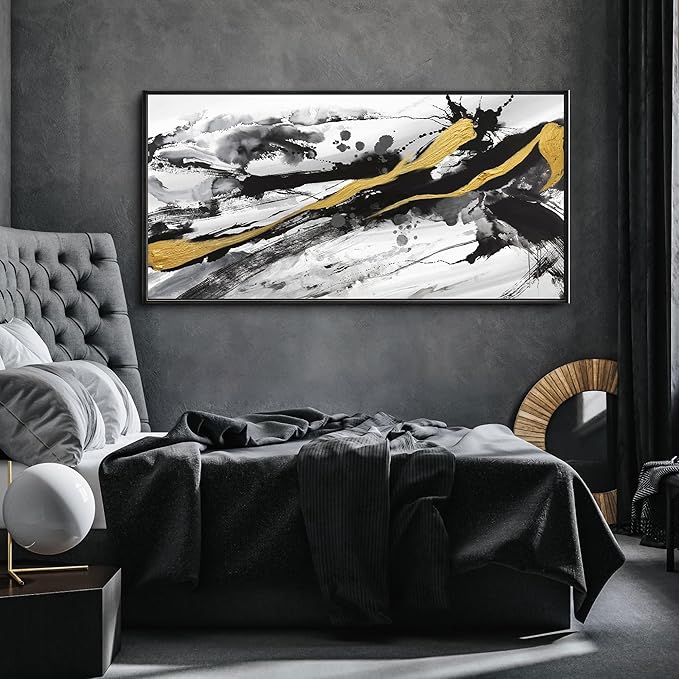 XLSJERST Black and White Abstract Wall Art - Large Frame Canvas Wall Art for Living Room Bedroom Modern Gold Ink Painting Style Picture Artwork for Wall Decor Size 24x48 Inches