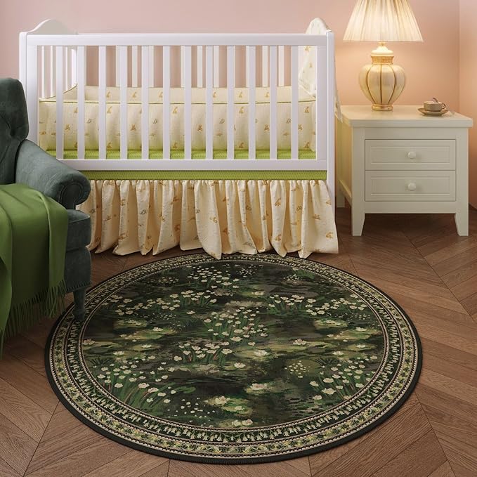 Circle Rug Impressionist-Style Vintage Round Rug 4ft Non Slip Low Pile Small Circular Rug for Bedroom Bathroom Entryway Kids Room Office College Dorm, Green