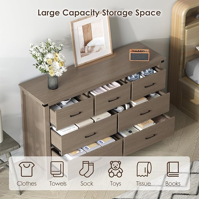 Farmhouse 7 Drawer Dresser for Bedroom, 51" Wide Chest of Drawers, Wooden Dresser TV Stand, Storage Dressers Organizer for Bedroom, Living Room, Hallway, Light Rustic Oak