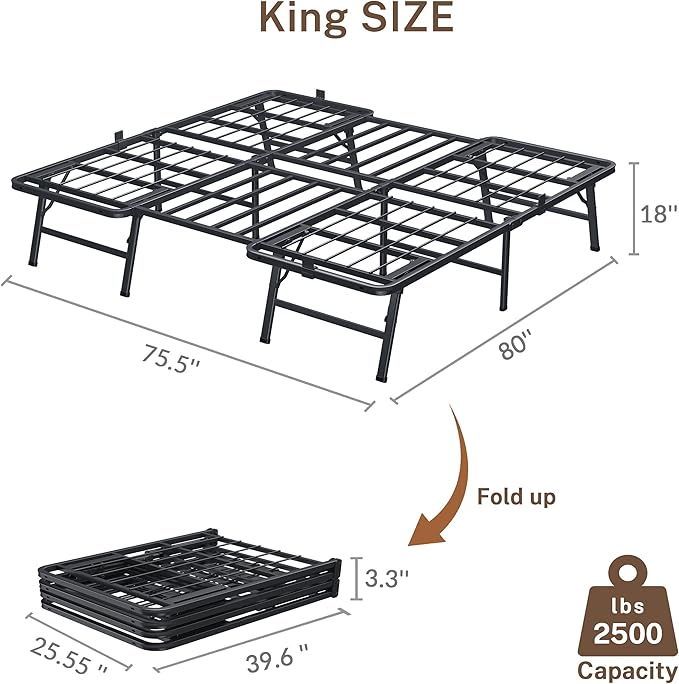 18 Inch King Metal Bed Frame Folding Bed Frame Tool-Free Assembly Mattress Foundation No Box Spring Needed Platform 2500lbs Heavy Duty Steel Slats, Noise-Free, Easy Assembly, Black