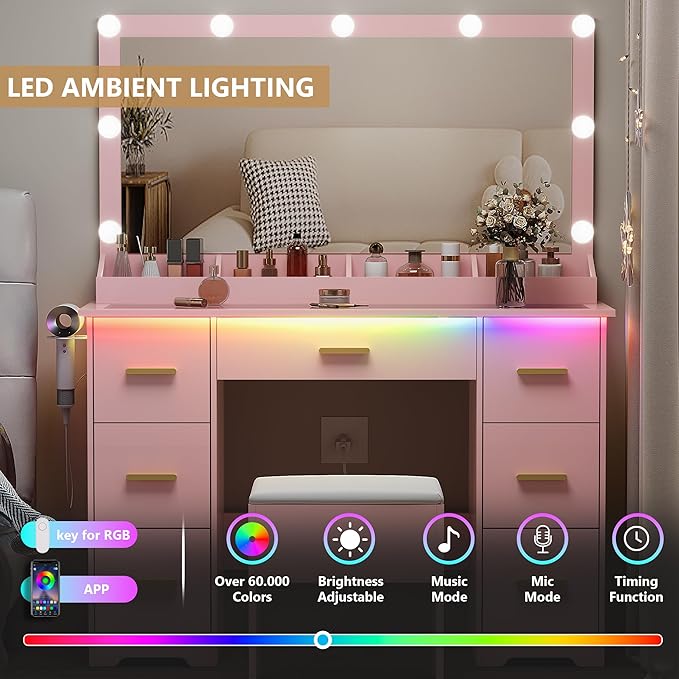 Makeup Vanity Desk with Mirror and Lights, Glass Top Vanity with 38" Lighted Mirror & Charging Station, Large Vanity Mirror with Lights Desk and Chair for Girls 3 Lightings Mode Adjusted, Pink