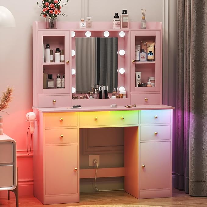 Vanity Desk with Mirror and Lights, Pink Vanity Mirror with Lights Desk and Chair &7 Drawers, Cabinets Makeup Vanity Table with with Stool for Bedroom 3 Lights Mode and Brightness Adjusted