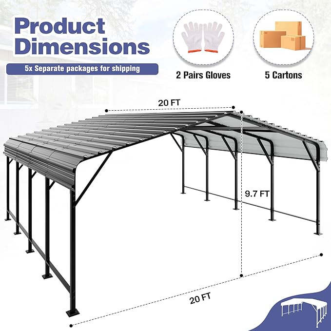JY QAQA 20 x 20 FT Metal Carport Kits with Galvanized Steel Roof, Heavy Duty Metal Carport Canopy, Outdoor Car Tent Garage Shelter for Car, SUV, Truck and Boats