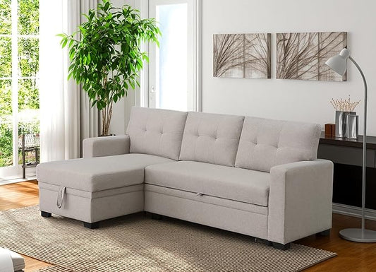 82 Inch Convertible Sleeper Sectional Sofa with Storage Chaise and Pull-Out Bed, Linen Upholstered Reversible Corner Couch, Modular L Shaped Couches for Living Room, Home Furniture, Beige