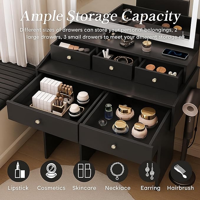 Small Makeup Vanity Desk with Full Size Mirror and Lights, 31" Compact Black Dressing Table with Chair, 5 Storage Drawers, Power Outlet & Hair Dryer Holder for Small Space, Dorm, Bedroom