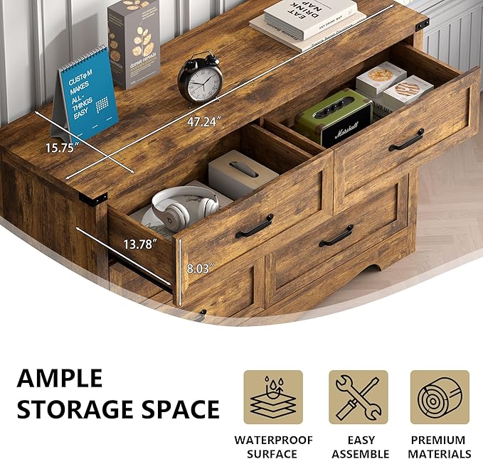 6-Drawer Dresser for Bedroom – 47" Wide Modern Wooden Chest with Natural Wood Texture, TV Stand & Storage, Metal Corner Brackets, Wood Drawer Organizer for Living Room, Hallway