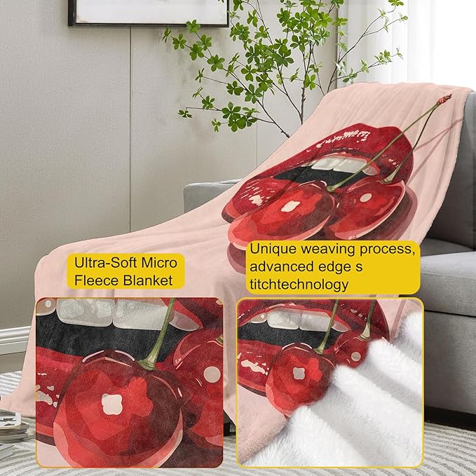 Cherry Lips Flannel Blanket, Pop Art Cherry Gifts, Cherry Blanket for Women, Soft Lightweight Throw Blankets for Bed Home Travel Decor 60" x 80"