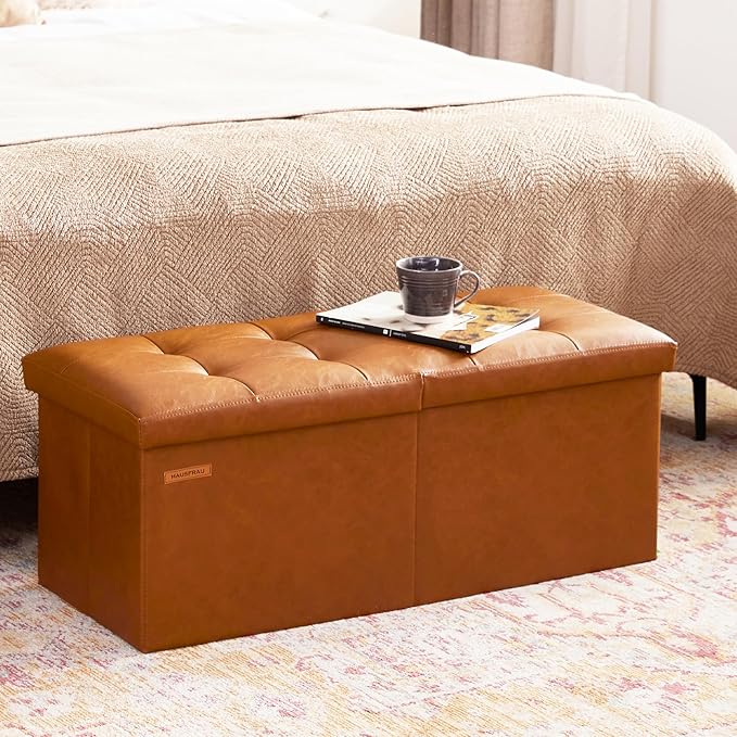 HAUSFRAU 31.5 Inches Ottoman with Storage Bench, Folding Ottoman Bench Small Foot Rest Stool, Bedroom Bench with Flipping Lid, Faux Leather Cognac Brown