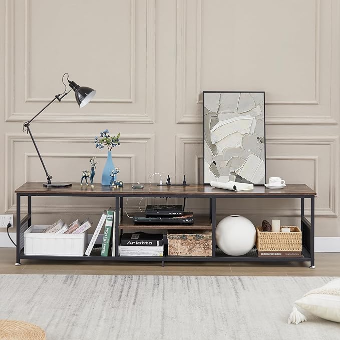 VECELO TV Stand with Power Outlets for Televisions up to 65Inch, 55" Media Entertainment Center with Charging Station 3-Tier Open Storage Shelves with Metal Frame for Living Room/Bedroom，Brown