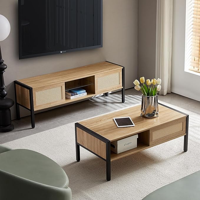 TV Stand, 54.33" TV Console for TVs up to 65 Inches, Mid Century Modern TV Stand Entertainment Center with Storage, with Rattan Door, Shelves & 2 Cabinets, 16 Color Light Strip, Natural