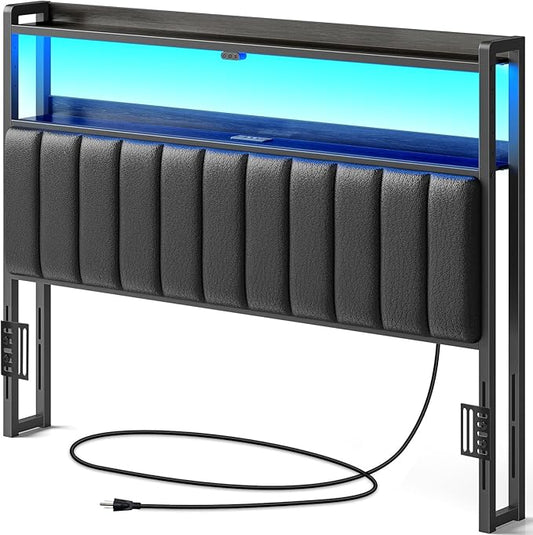 Rolanstar Headboard for Queen Size Bed with Storage, 60,000 DIY Color of LED Light, Head Board with USB, Type C Port, Height Adjustable, Black Upholstered Cabeceras de Cama Comfortable Modern, Leather