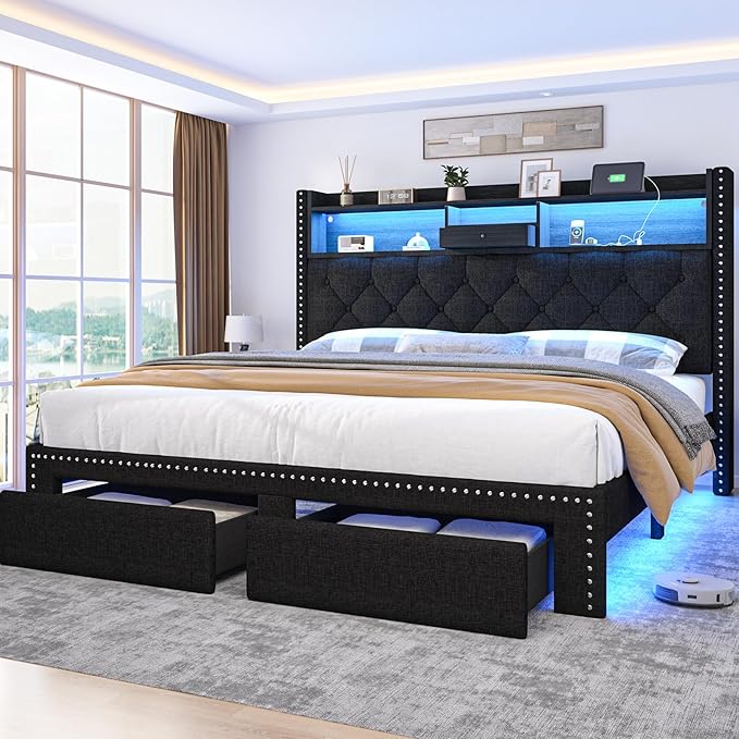 Queen Size Bed Frame, Linen Storage Headboard with LED Light & Charging Station, Upholstered Platform Bed with 2 Storage Drawers, Steel Slats Support, No Box Spring Needed, Black