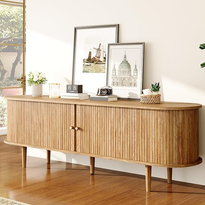 70" TV Stand with Tambour Door, Mid Century Modern TV Console with Solid Wood Legs for TVs up to 80", Fluted Entertainment Center with Dust-Proof Storage for Living Room, Natural Oak