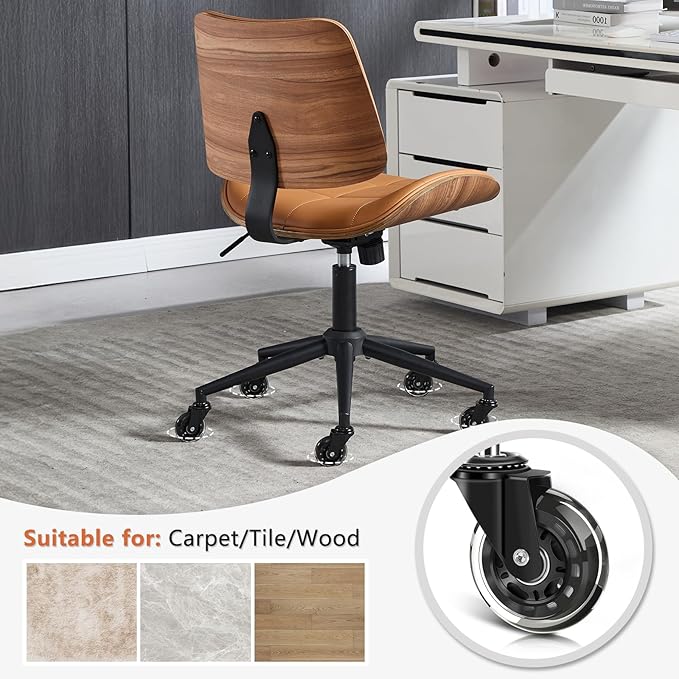 Home Office Desk Chair with Wheels, Adjustable Height Armless Office Chair, PU Leather Mid Back 360° Small Computer Chair, Modern Walnut Chair No Arms for Office, Reading Meeting Room(Brown)