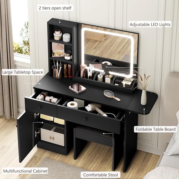 GarveeHome Makeup Vanity Desk with Mirror and Lights, Vanity Table Set with Drawer & Power Outlet ＆ Chair & 3 Shelves, Bedroom, Black