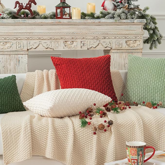 Kevin Textile 2 Packs Red Decorative Throw Pillow Covers 22x22 Inch for Christmas Living Room Couch Bed Sofa Soft Striped Corduroy Square Cushion Case 55x55 cm Rustic Farmhouse Boho Home Decor