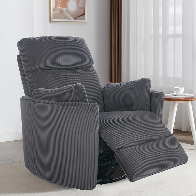 Power Swivel Glider Rocking Recliner Nursery Chair, Corduroy Rocker Recliner with USB, 2 Pillows, Barrel Armchair Single Sofa for Living Room Bedroom, Dark Grey